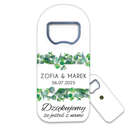 Ślubne życzenia dla gości weselnych: Spersonalizuj otwieracz do butelek z magnesem na lodówkę z kwiatowym motywem i zielonymi liśćmi, aby uczynić swoje wesele niezapomnianym!